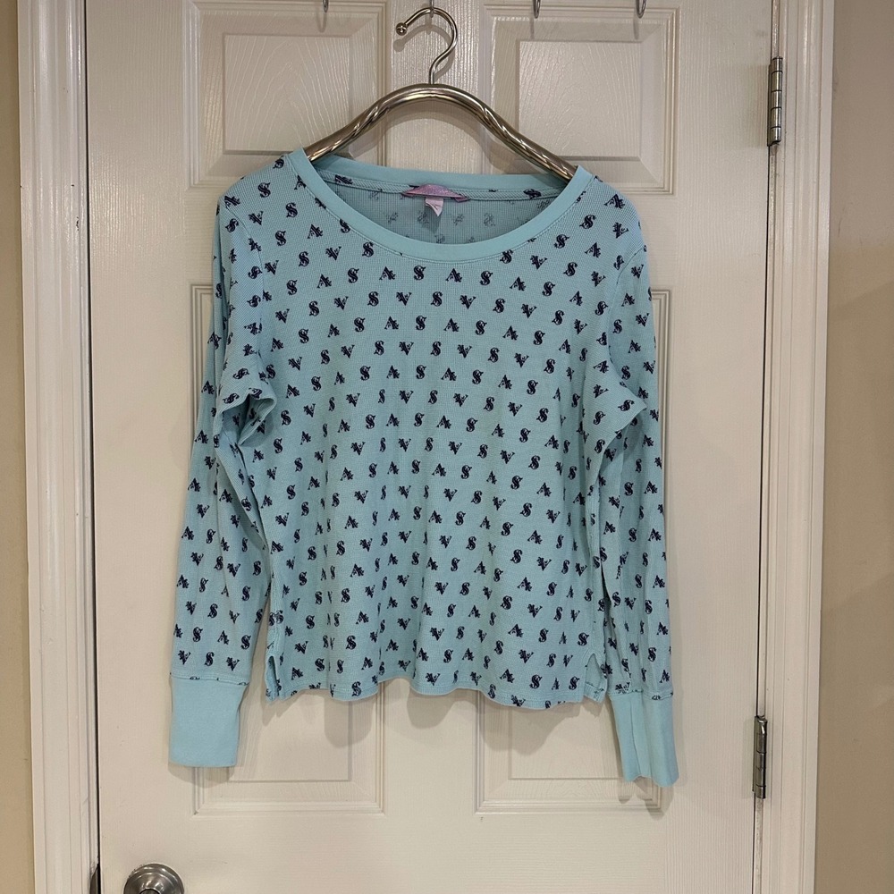 Victoria's Secret Aqua Blue Waffle Knit Thermal Monogram Top Large